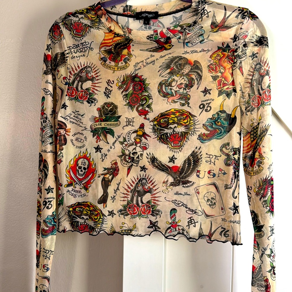 Ed Hardy multicolor, long sleeve mesh top